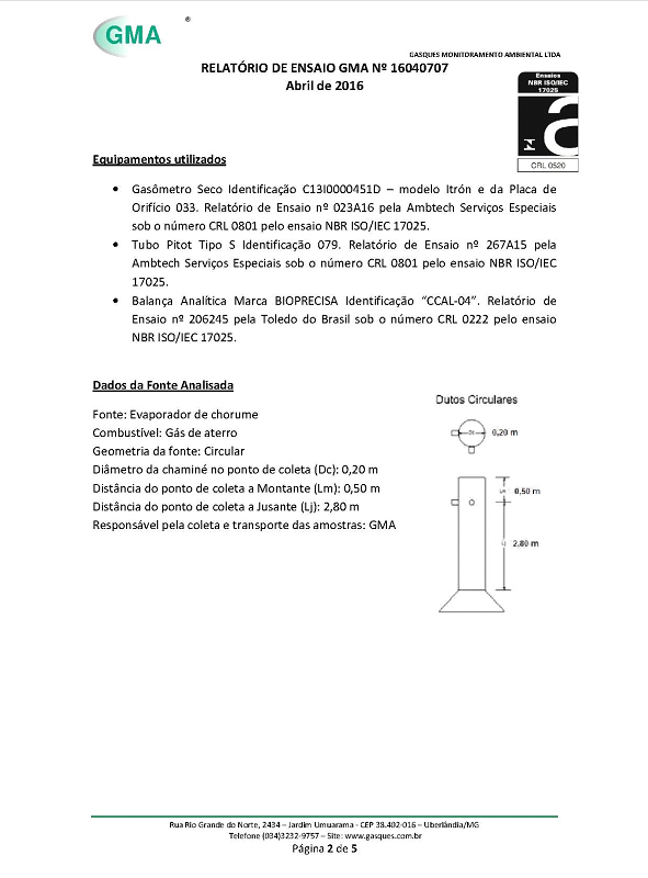 Imagem que mostra a segunda página da análise de gases feita em nosso equipamento quando ele estava em Minas Gerais.