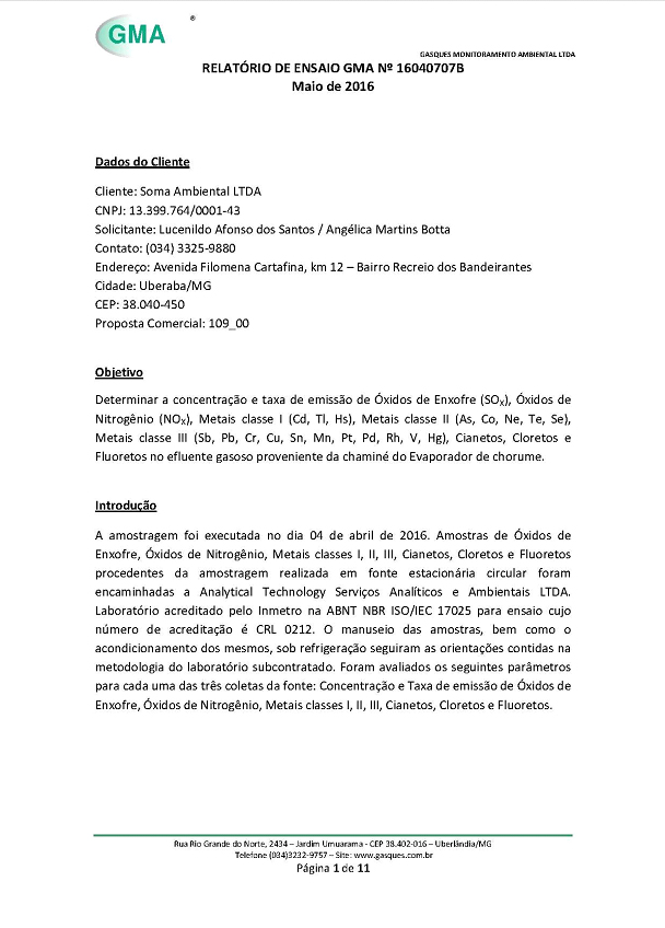 Imagem que mostra a sexta página da análise de gases feita em nosso equipamento quando ele estava em Minas Gerais.