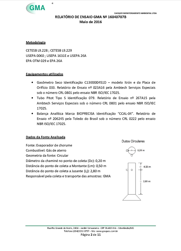 Imagem que mostra a sétima página da análise de gases feita em nosso equipamento quando ele estava em Minas Gerais.