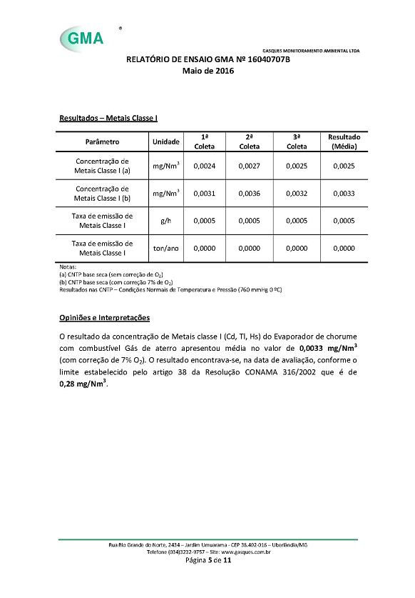 Imagem que mostra a décima página da análise de gases feita em nosso equipamento quando ele estava em Minas Gerais.