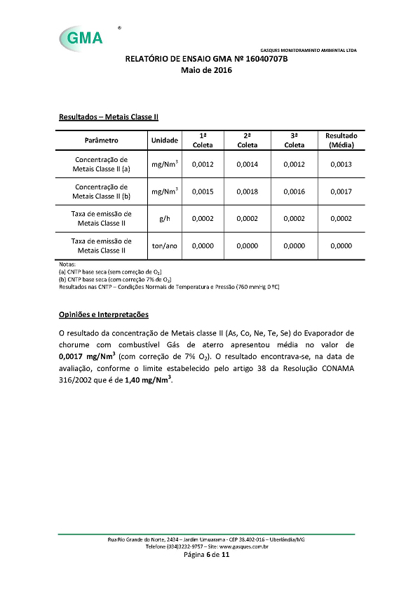 Imagem que mostra a décima primeira página da análise de gases feita em nosso equipamento quando ele estava em Minas Gerais.