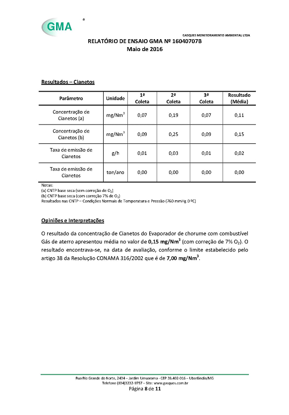 Imagem que mostra a décima terceira página da análise de gases feita em nosso equipamento quando ele estava em Minas Gerais.