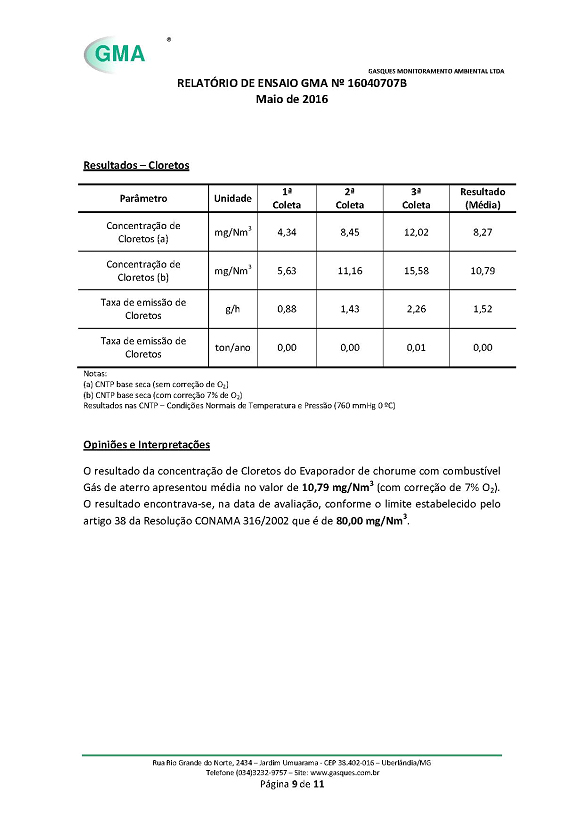 Imagem que mostra a décima quarta página da análise de gases feita em nosso equipamento quando ele estava em Minas Gerais.