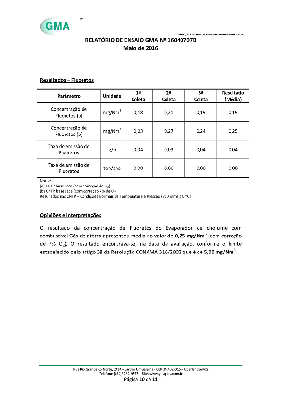 Imagem que mostra a décima quinta página da análise de gases feita em nosso equipamento quando ele estava em Minas Gerais.