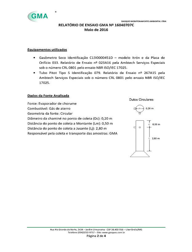 Imagem que mostra a décima sétima página da análise de gases feita em nosso equipamento quando ele estava em Minas Gerais.