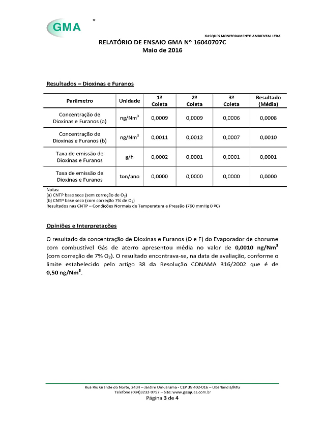 Imagem que mostra a décima oitava página da análise de gases feita em nosso equipamento quando ele estava em Minas Gerais.